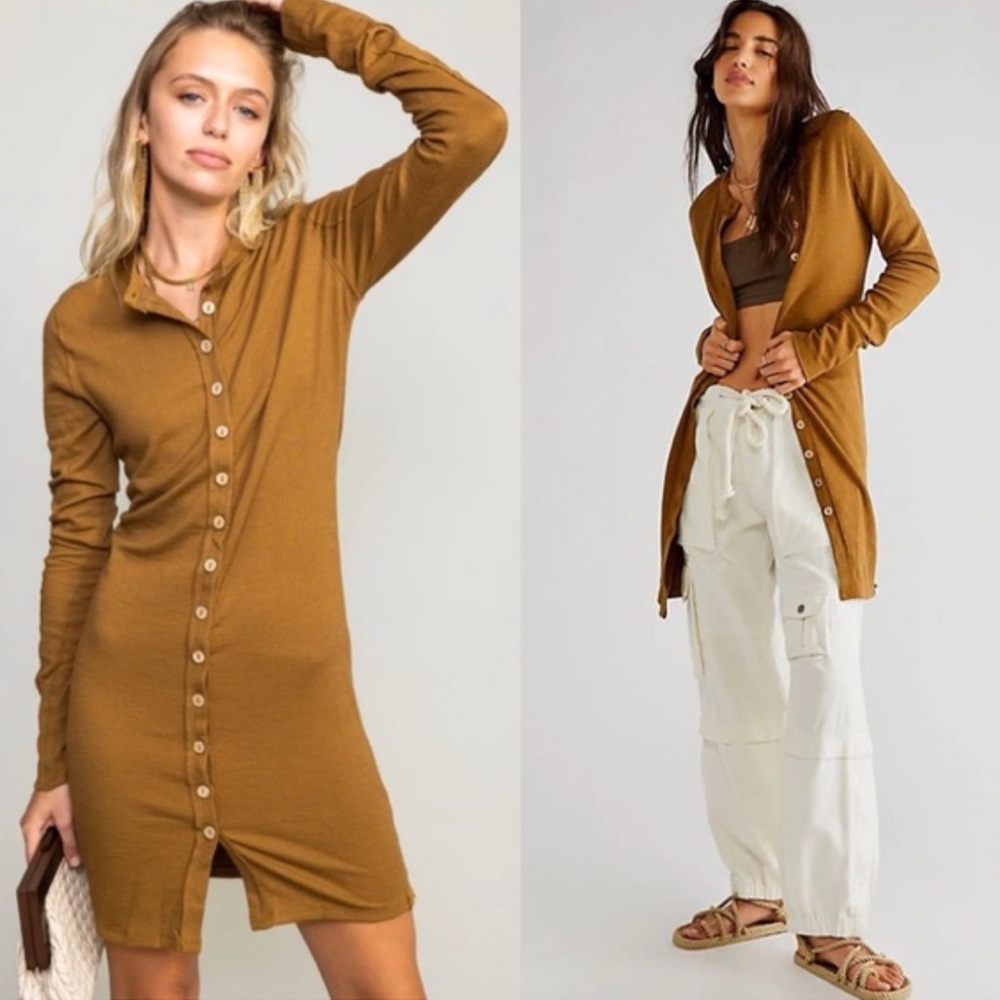 We The Free Gia Cardigan Dress Brown Button Up Thermal Women’s Medium Multiwear